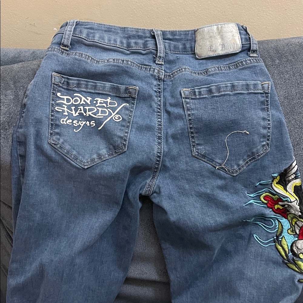 Ed Hardy Women's Brave Hearts Stay True Eagle Wide Leg Jeans Med Vintage Wash 24 - Picture 13 of 15